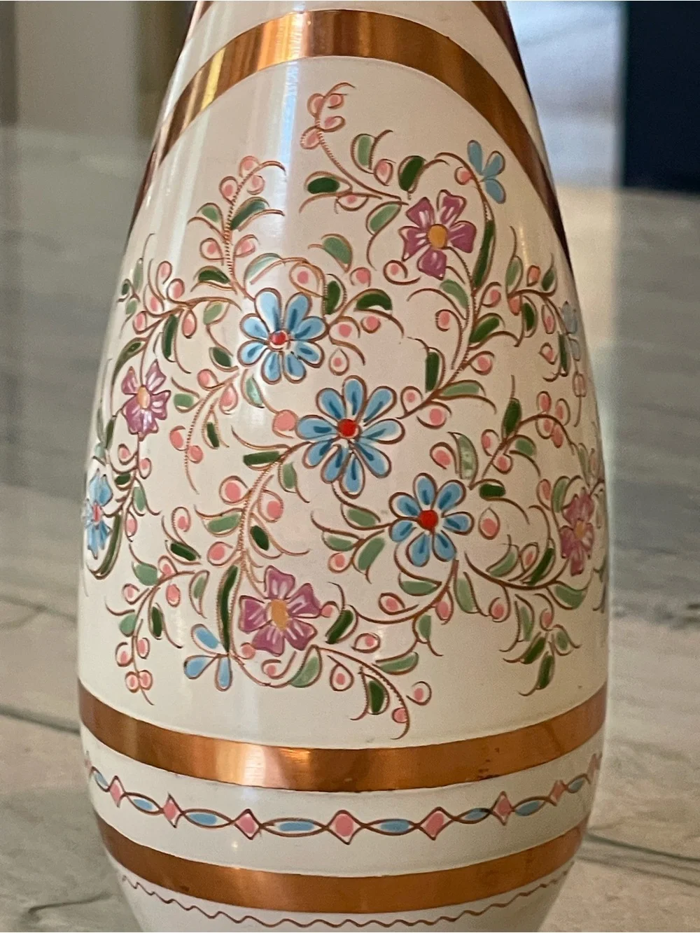 Vintage Hand-Painted Enameled Brass Floral Bud Vase - Bohemian Decor EUC